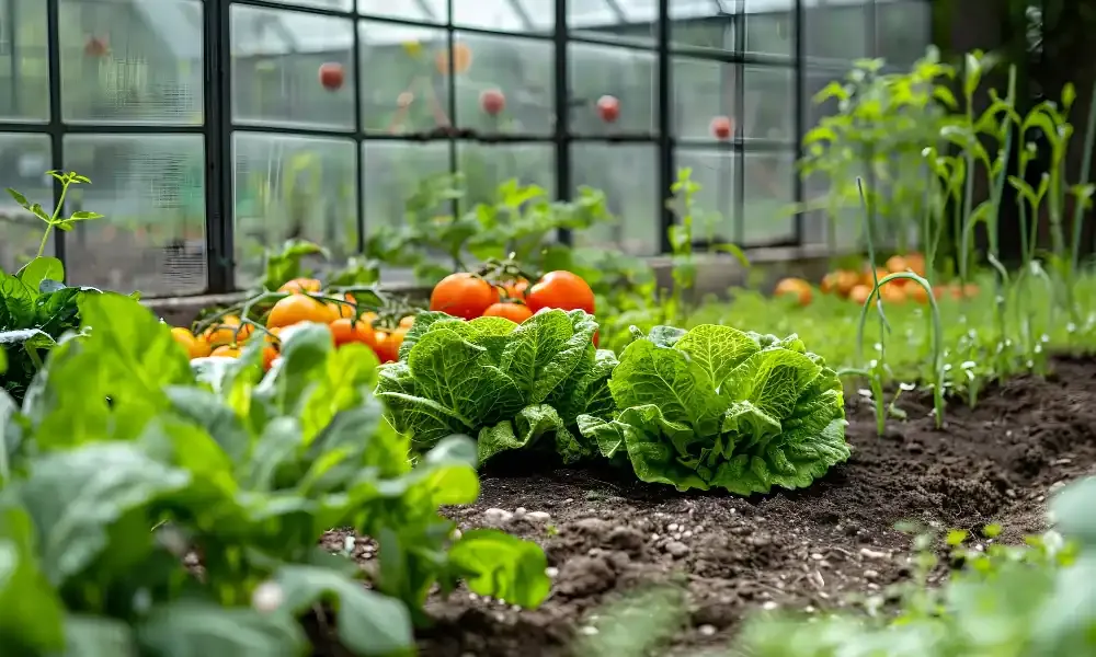 Gemüsebeet mit Salat und reifen Tomaten in einem Gewächshaus